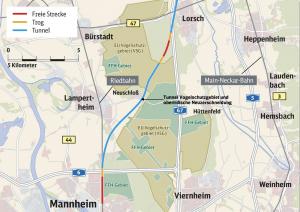 Der Tunnel beginnt mit dem Vogelschutzgebiet im Lampertheimer Wald und führt bis nach Mannheim.