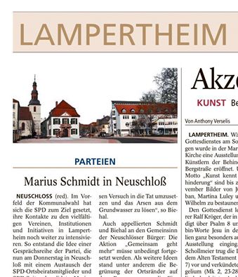 Ausriss aus der Lampertheimer Zeitung vom 19. Oktober 2015 – Pressemitteilung der SPD prominent auf der Aufschlagseite des Lokalteils.